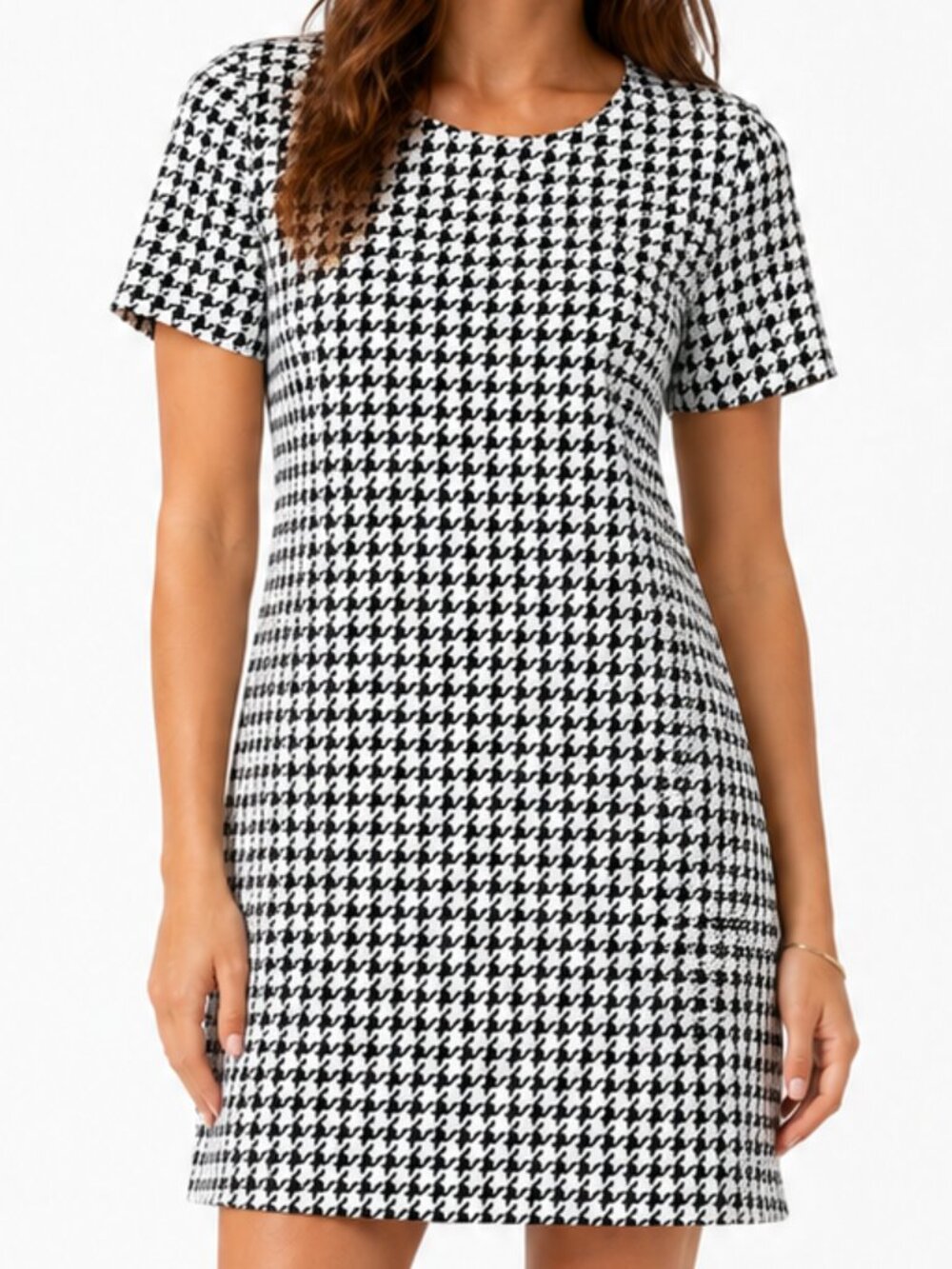 CALVIN KLEIN Houndstooth Knit Tweed Sheath Dress Black White Short Sleeve Sz 10